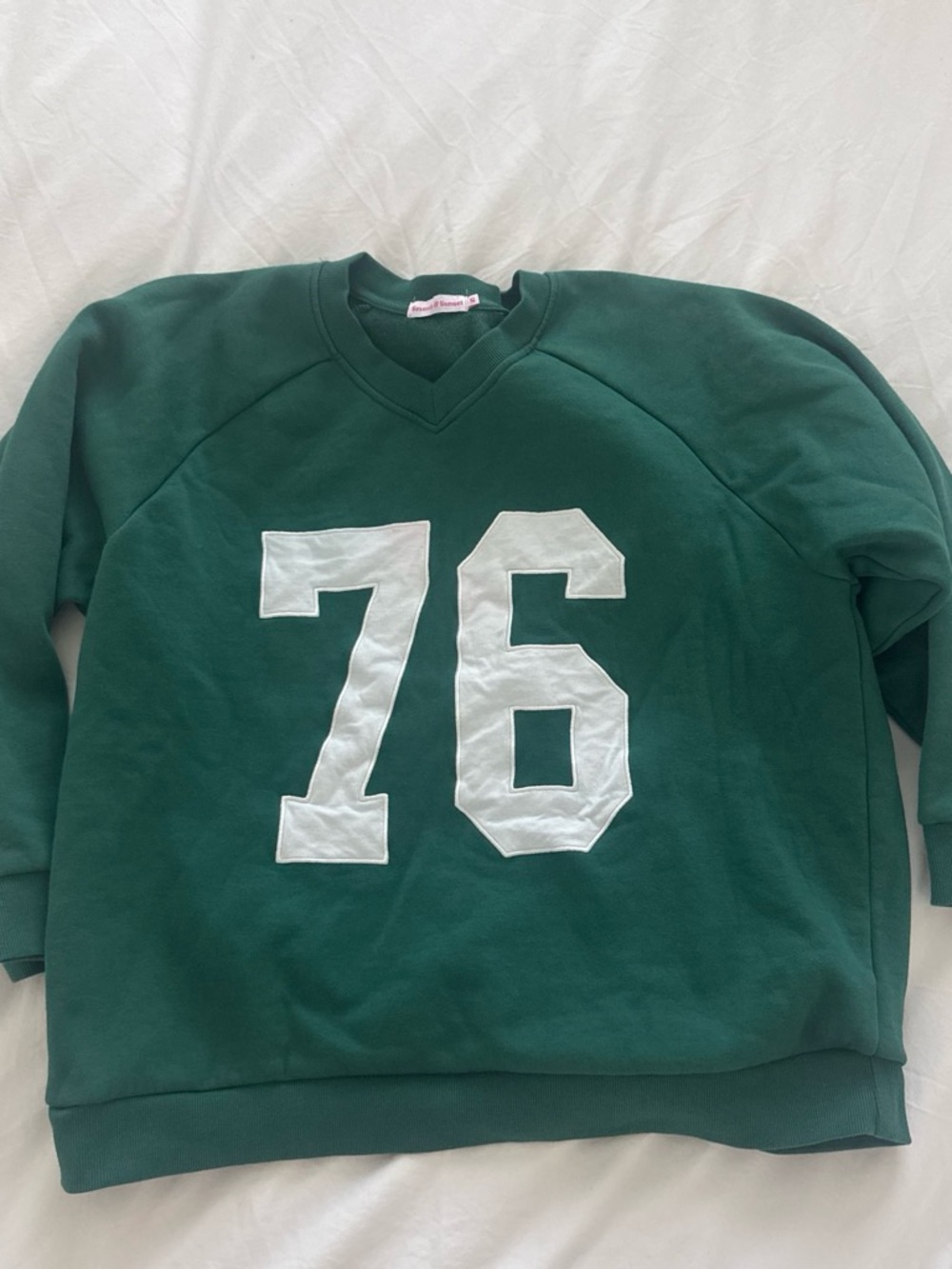 Forest Green V-Neck Sweater with White '76' Graphic